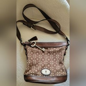Fossil Maddox brown and beige canvas and leather crossbody bag, great condition